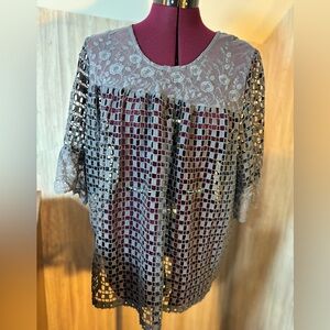 Women's Lace & Crochet Overlay Top - Gray Blue